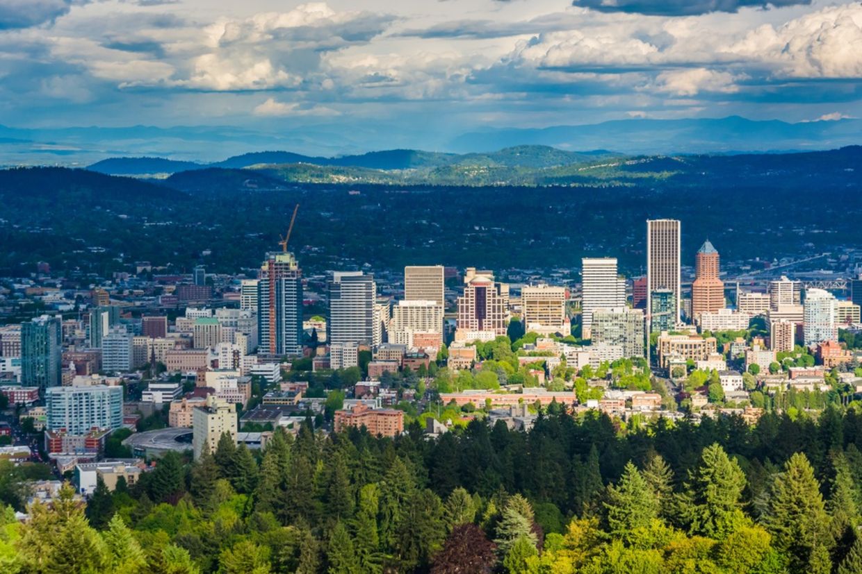 View of the Portland skyline from Pittock Acres Park, in Portland, Oregon View of the Portland skyline from Pittock Acres Park, in Portland, Oregon