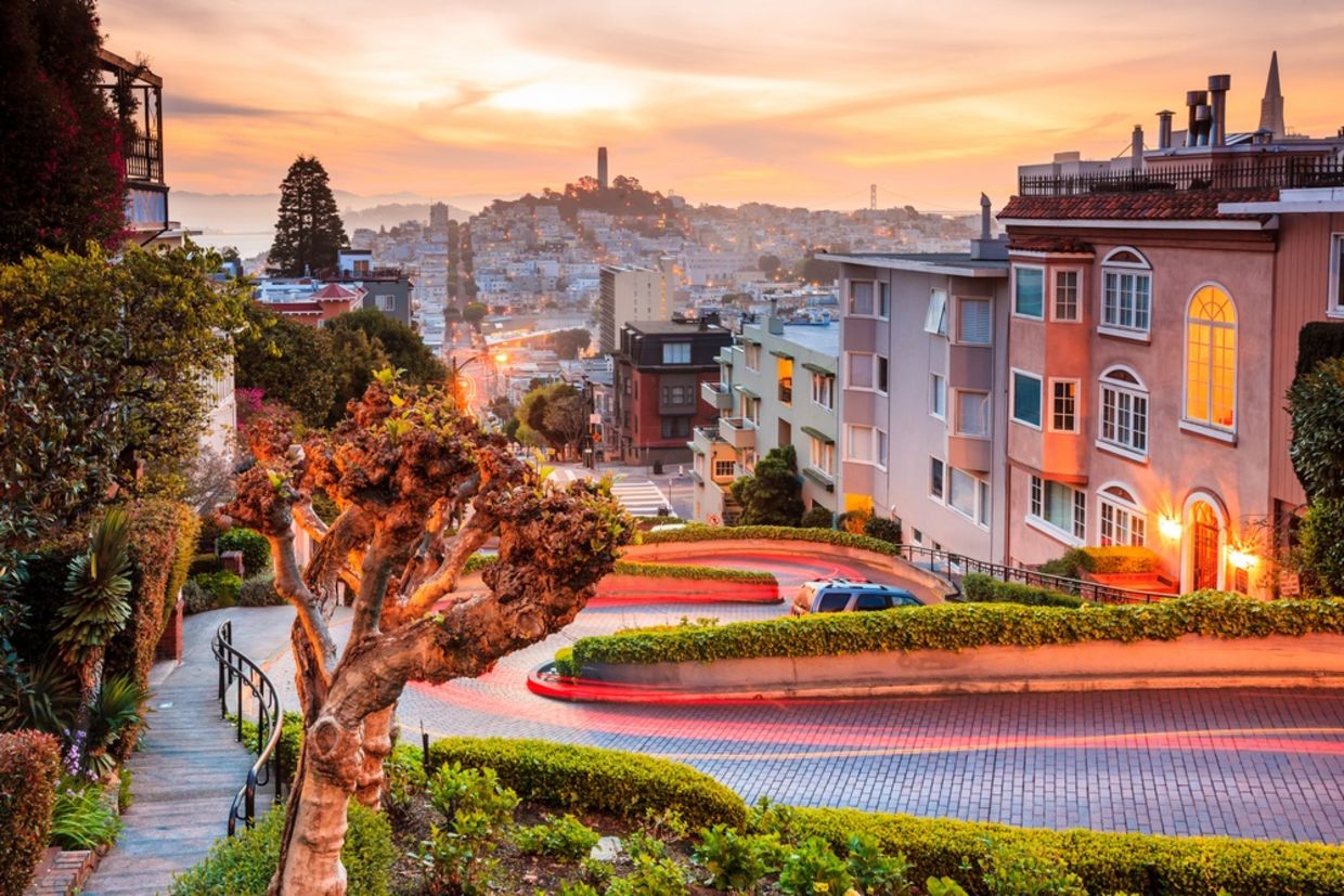 Famous Lombard Street in San Francisco at sunrise Famous Lombard Street in San Francisco at sunrise