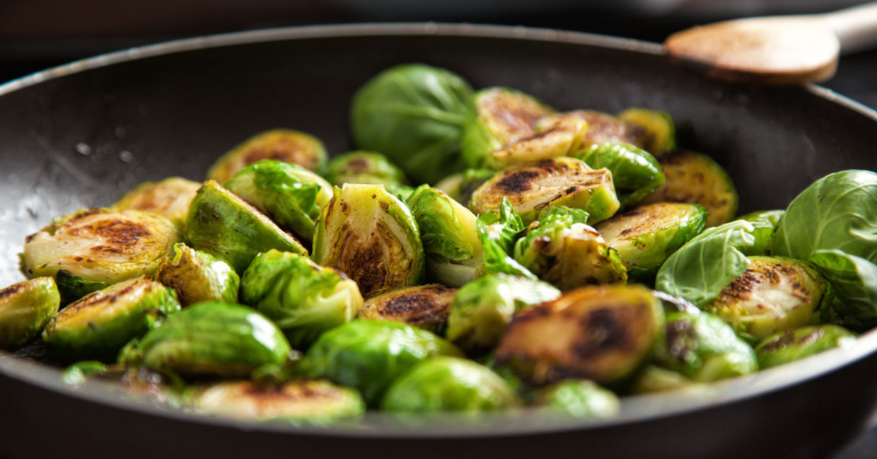 Sauteed brussels sprouts in a pan. Sauteed brussels sprouts in a pan.