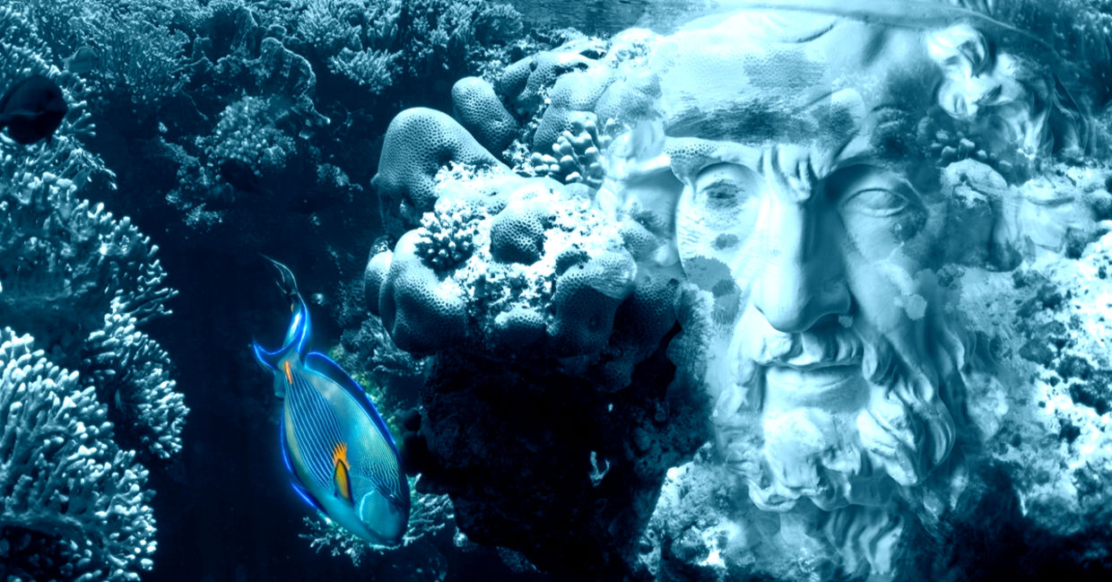 Face of ancient status on an underwater background with corals and fish. Face of ancient status on an underwater background with corals and fish.