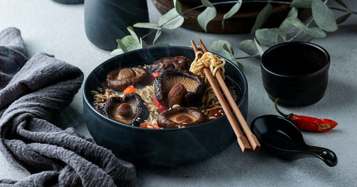 Asian noodle soup is full of umami, and mushrooms. Asian noodle soup is full of umami, and mushrooms.