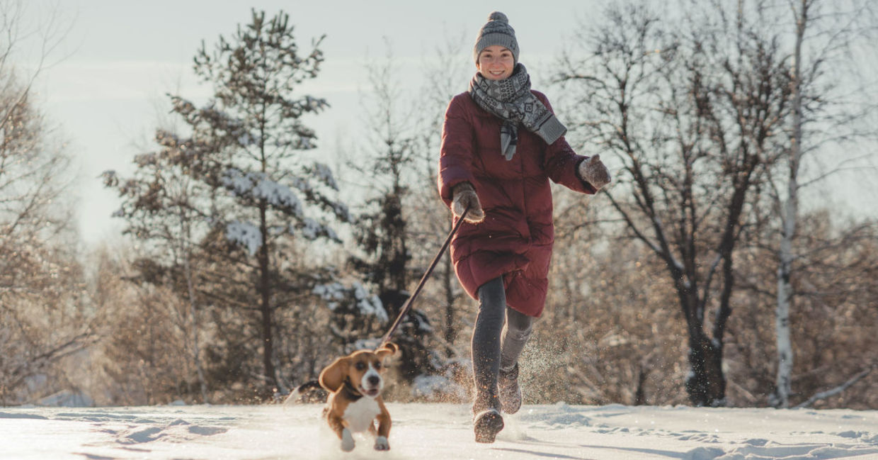 A woman running through snow in a forest is experiencing biophilia. A woman running through snow in a forest is experiencing biophilia.