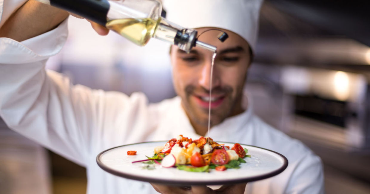 A chef appreciates using olive oil. A chef appreciates using olive oil.