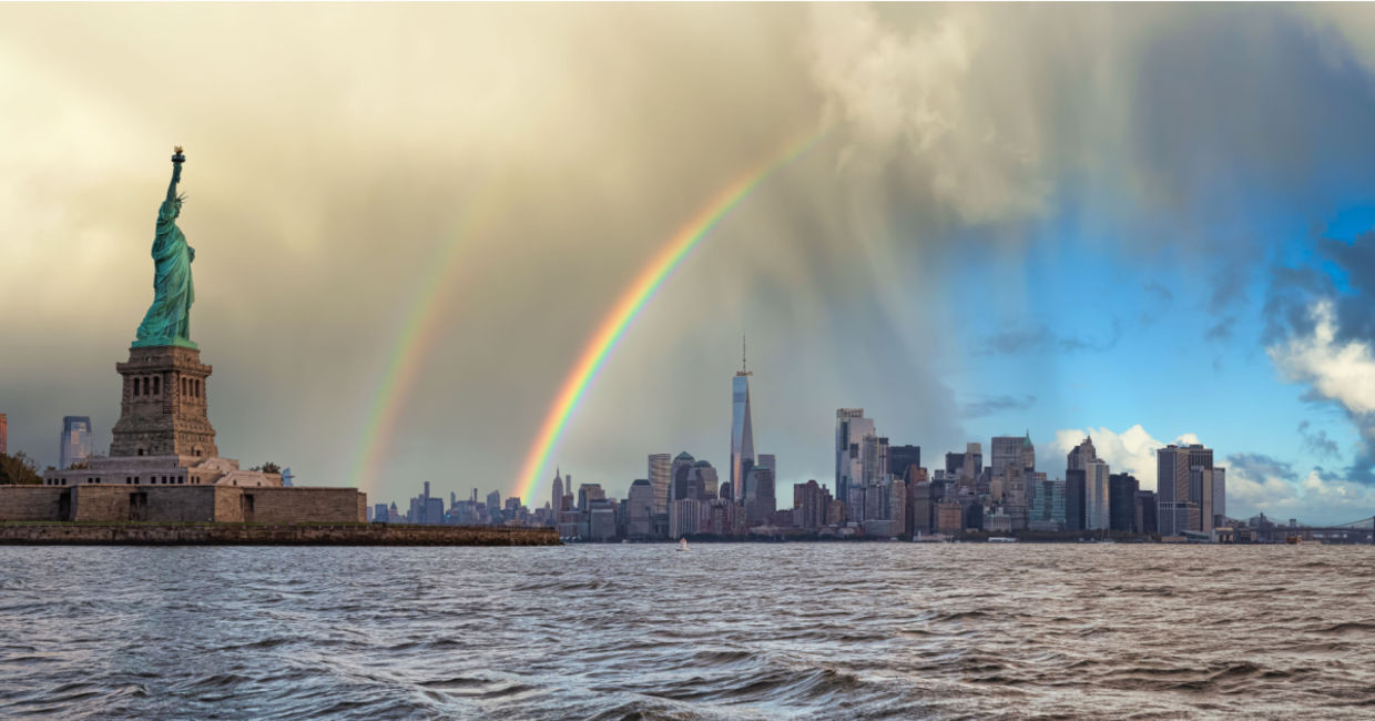 A double rainbow over New York City. A double rainbow over New York City.