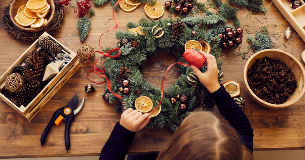 Creating a holiday wreath. Creating a holiday wreath.