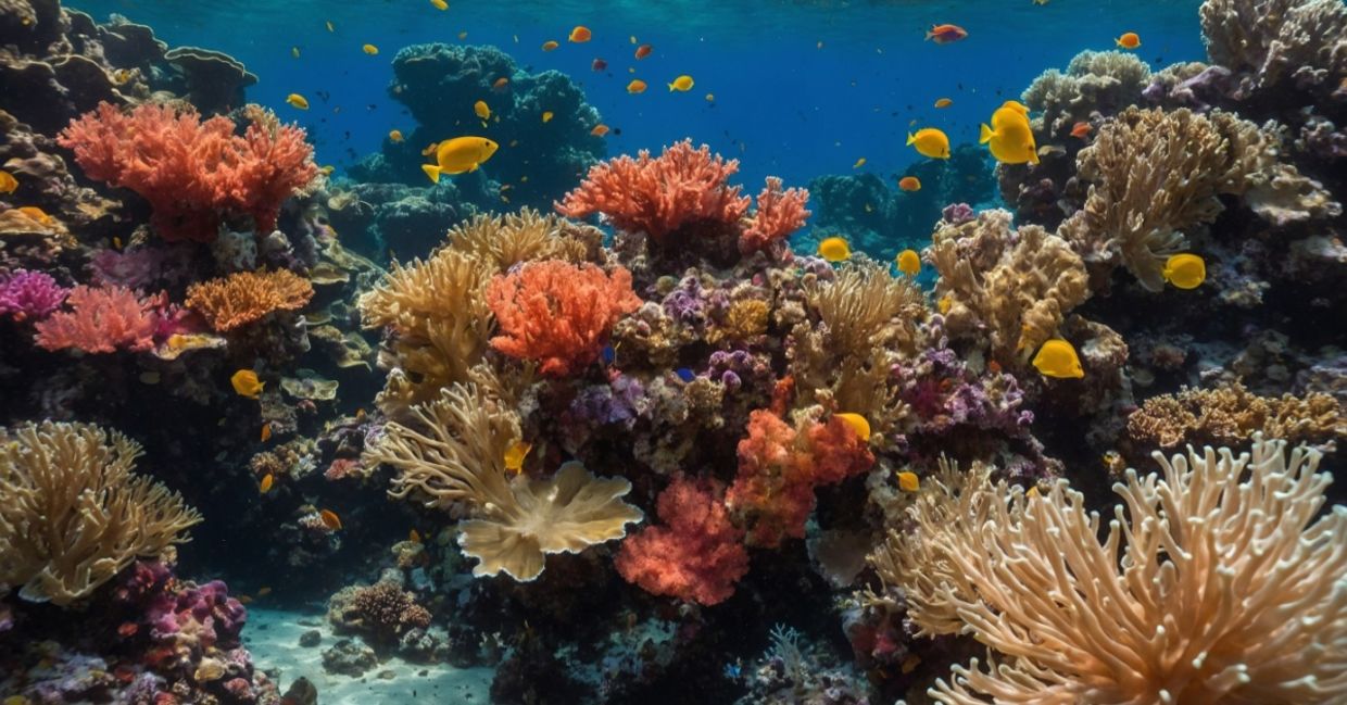 A healthy coral reef. A healthy coral reef.